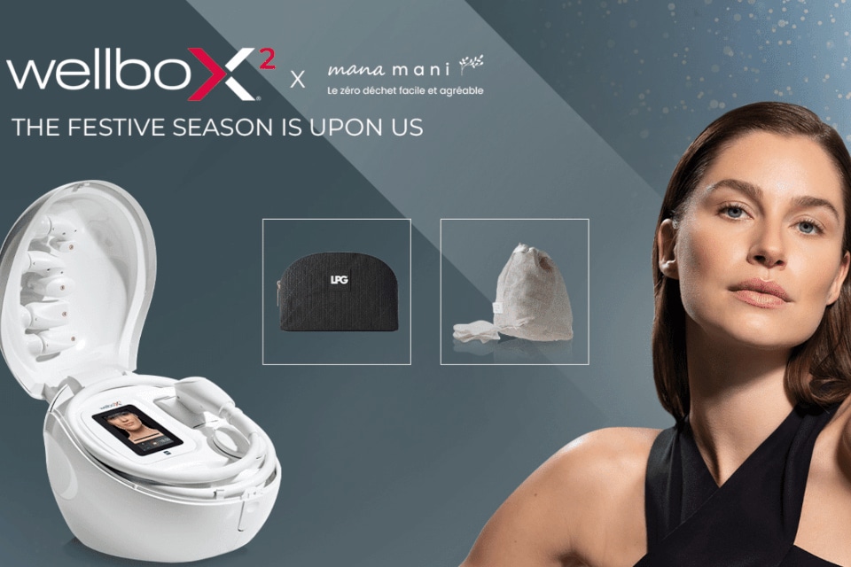 Visuel du partenariat bien-être zéro déchet entre LPG et ManaMani avec la Wellbox, une trousse LPG et un kit cotons démaquillants lavables