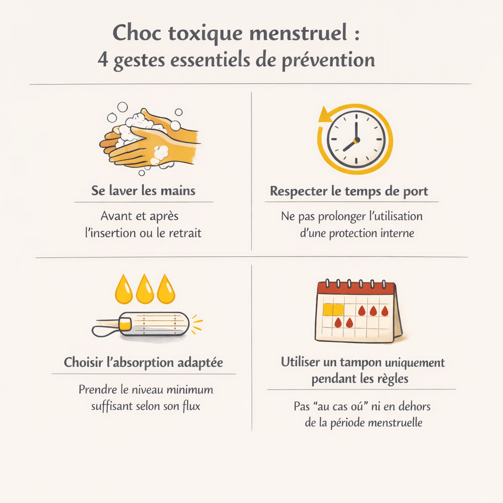 Infographie sur les gestes essentiels de prévention du choc toxique menstruel : lavage des mains, temps de port, absorption adaptée et usage du tampon pendant les règles