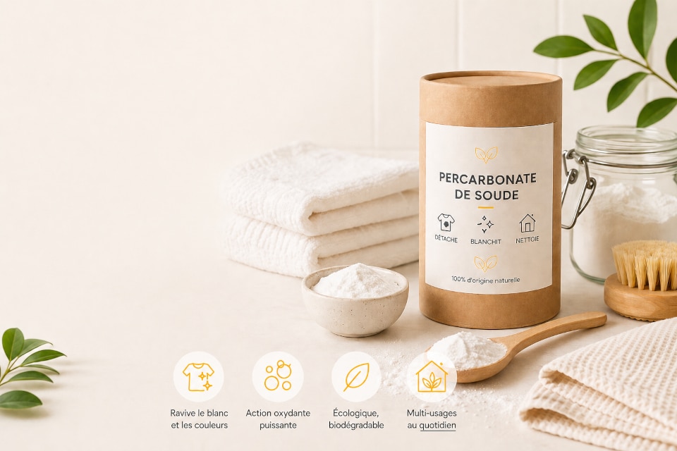 Percarbonate de soude ManaMani en tube carton recyclable avec linge blanc et poudre pour un ménage naturel