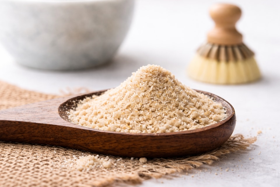 Cuillère en bois remplie de savon noir en poudre avec brosse vaisselle en arrière-plan