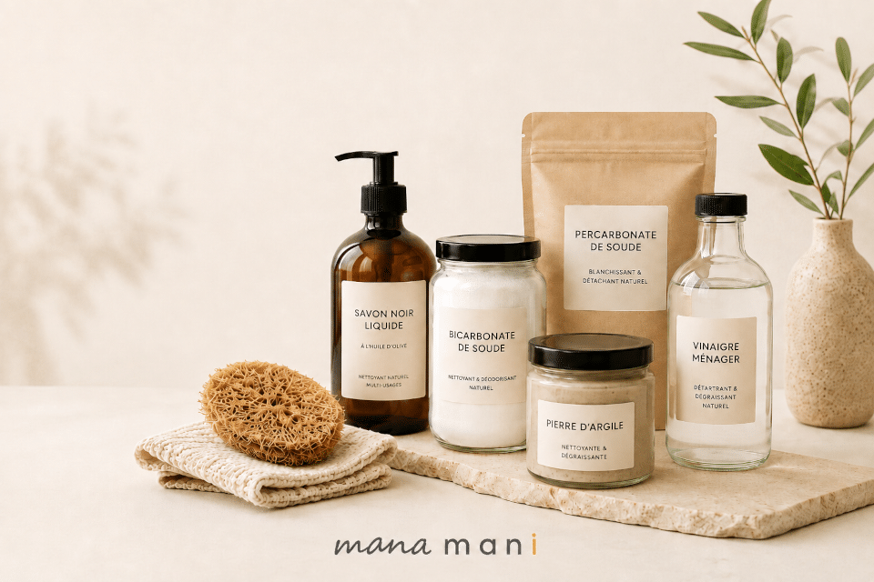 Produits ménagers écologiques indispensables avec savon noir, bicarbonate, percarbonate, vinaigre ménager et pierre d’argile